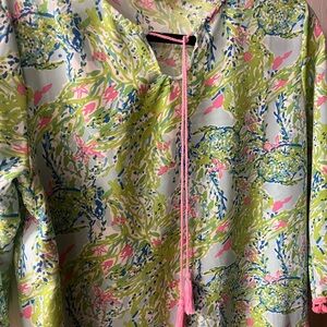 NWT Colorful Patterned  Caftan or swimsuit cover-up with pink pom-pom trim